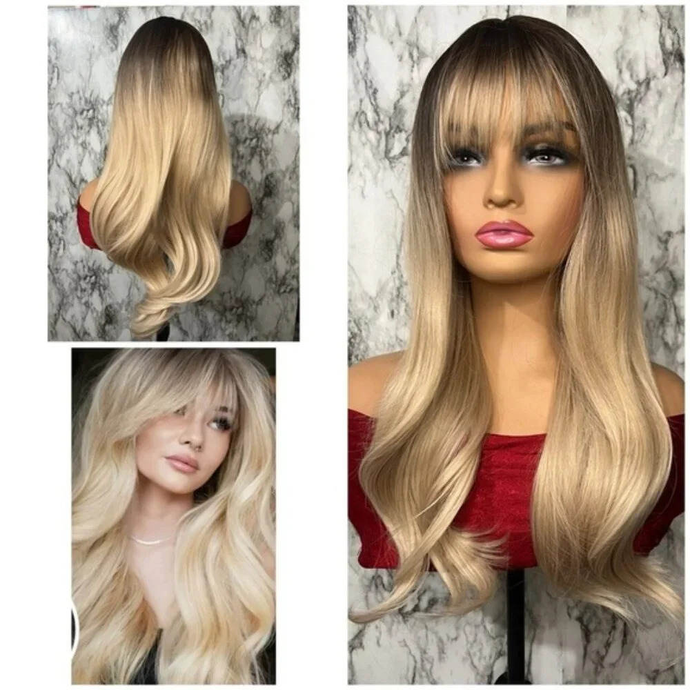 26” Balayage Light Blonde Wavy long Hair Wig & bangs Natural look for daily